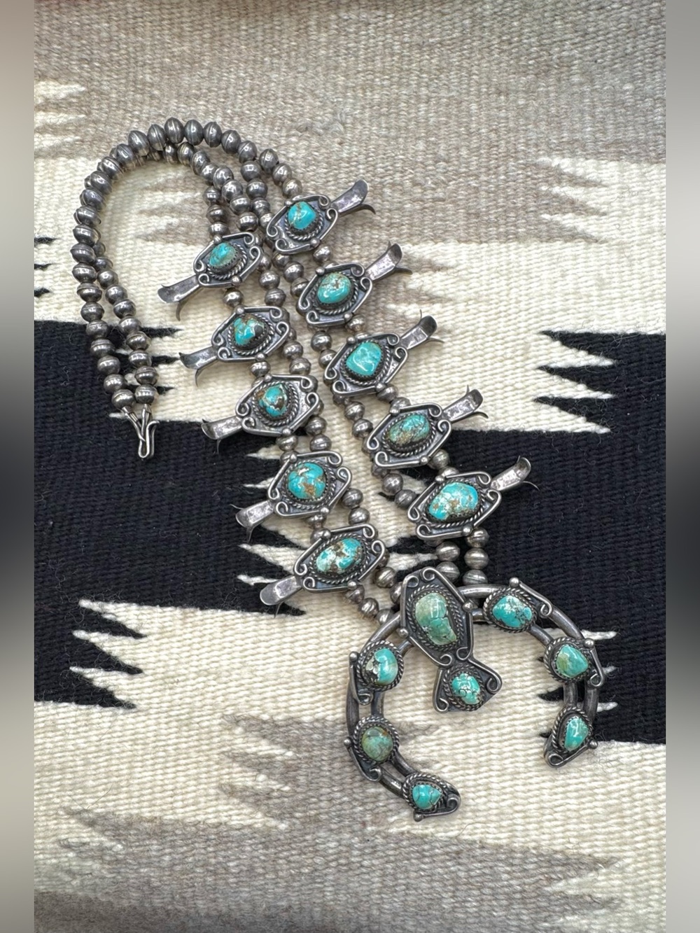 Native American 900 Silver Natural Turquoise Squash Blossom Naja Necklace - Picture 5 of 10